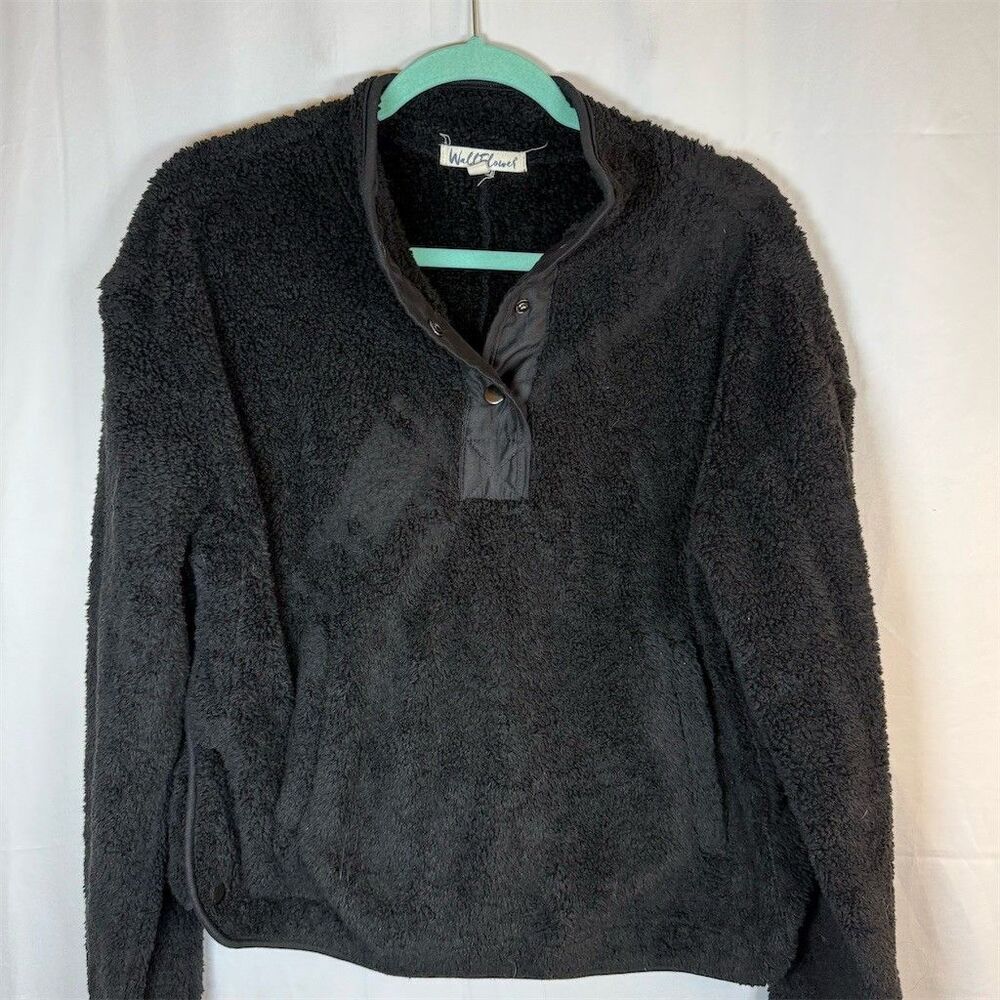 WallFlower Black Sherpa Fleece Pullover Snap Neck Sweater Women's Size M
